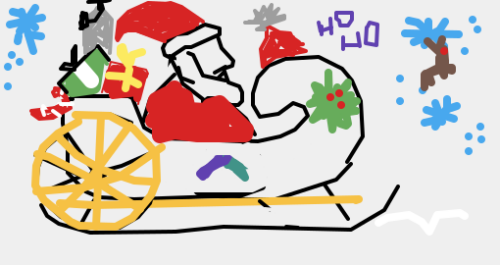 Santa Claus riding in a festive sleigh with gifts in a snowy winter scene