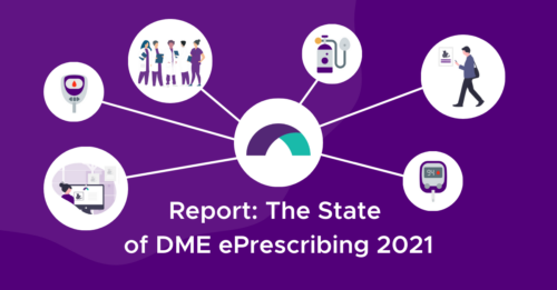 Report cover for The State of DME ePrescribing 2021 with icons on a purple background