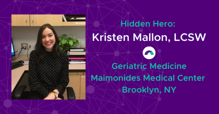 Smiling woman in office, text about Kristen Mallon LCSW in geriatric medicine at Maimonides Medical Center Brooklyn NY