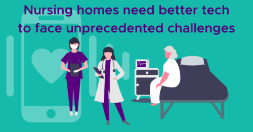 Illustration of nursing home staff and patient with text on technology challenges
