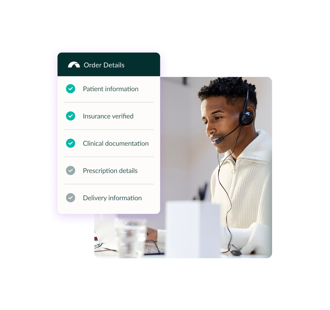 Customer support agent wearing a headset assists with order details and verification processes