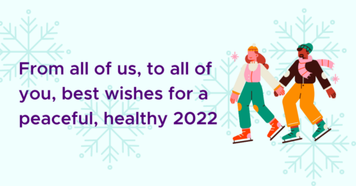 Ice skaters with snowflakes wishing a peaceful healthy 2022