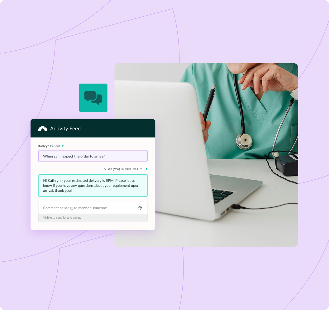 Healthcare professional using laptop with messaging activity feed visible
