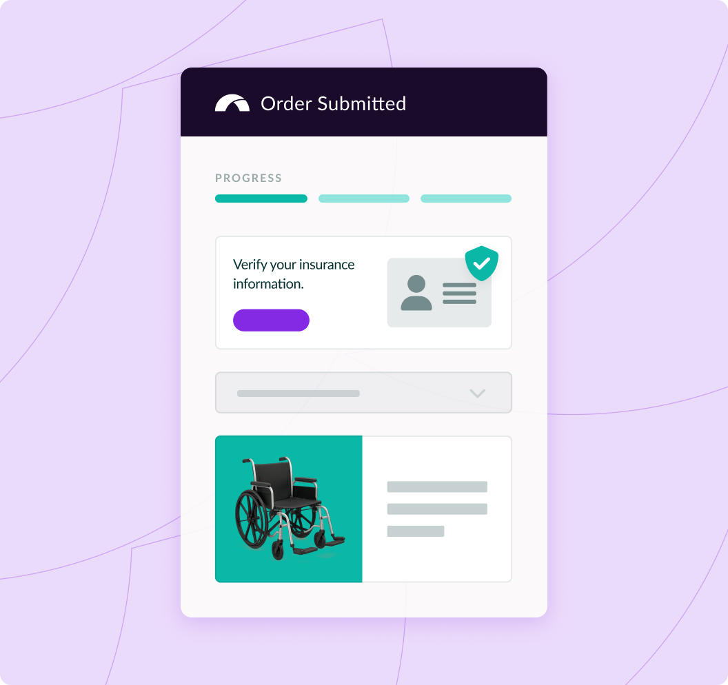 Order submission confirmation screen with insurance verification and wheelchair icon