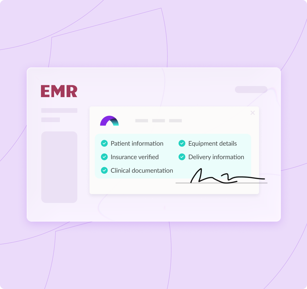 EMR interface showing checklist for patient and equipment information verification on a purple background