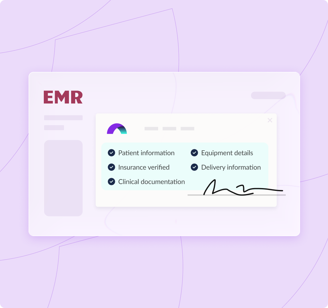 EMR dashboard checklist for patient data and equipment details on pastel background