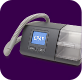 CPAP machine with digital display and hose on purple background