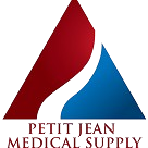 Petit Jean Medical Supply logo with red and blue abstract shapes