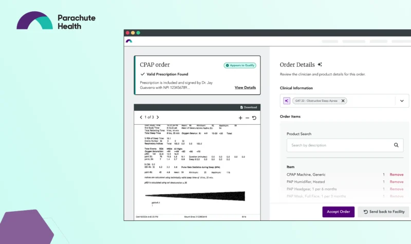 Parachute Health interface displaying CPAP order details and prescription information on a computer screen.