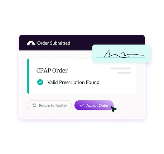 CPAP order confirmation with valid prescription and accept order option displayed.