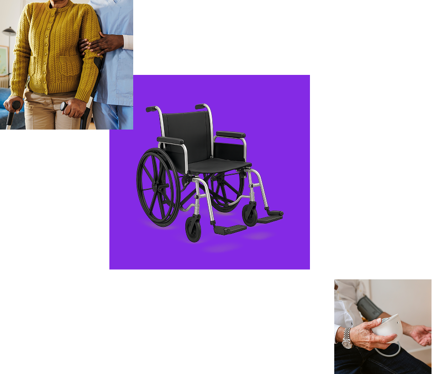 Wheelchair on purple background with caregiver assisting elderly person and a person checking blood pressure.