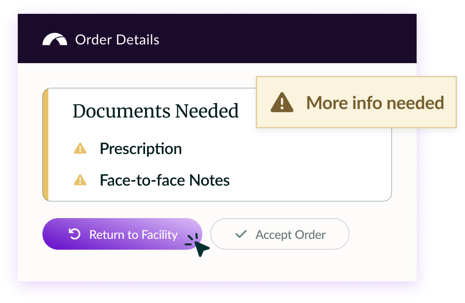 Order details screen showing required documents and more info needed alert