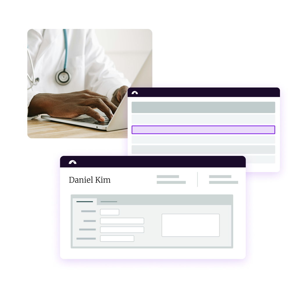 Doctor typing on laptop with patient form interface displayed