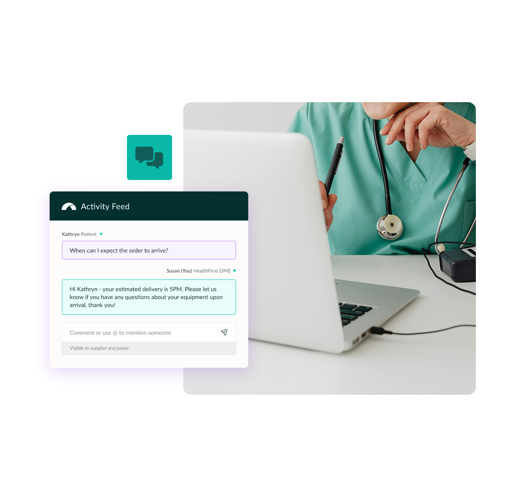 Healthcare professional using a laptop with an activity feed message displayed
