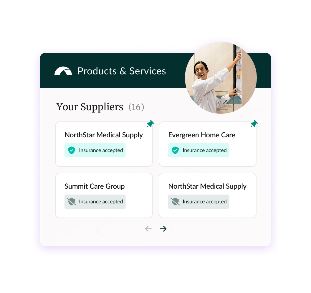 Dashboard showing supplier list with insurance options and person smiling in profile circle.