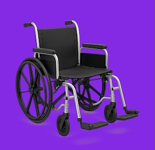 Standard wheelchair with black seat and silver frame on a purple background