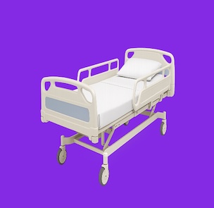 Hospital bed with side rails on purple background