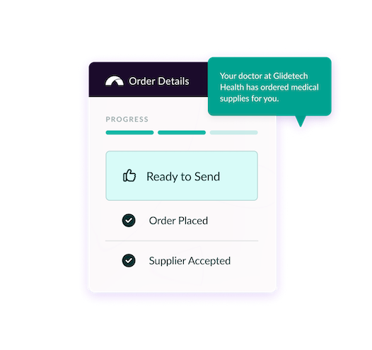 Order details screen showing medical supply order progress at Glidetech Health