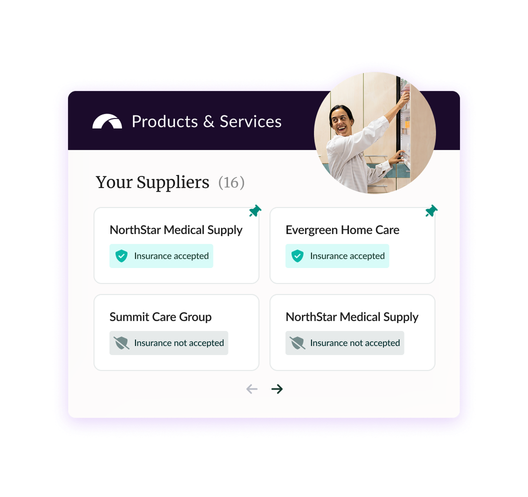 Healthcare supplier list with insurance acceptance status in a digital interface.