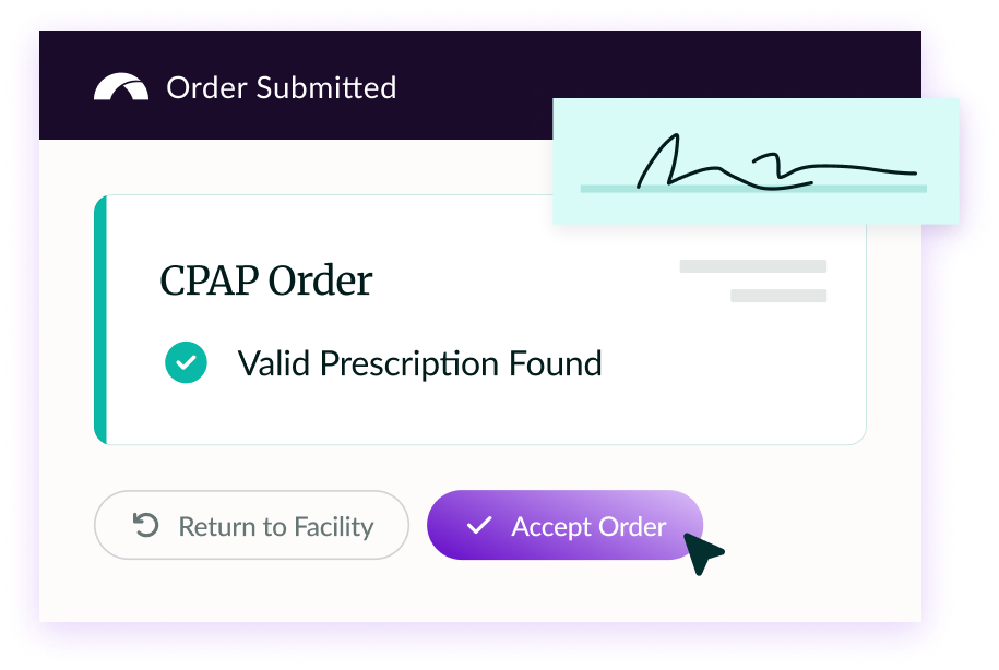 CPAP order confirmation with valid prescription and accept order button