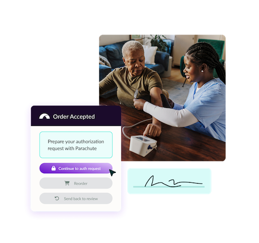 Healthcare worker checking patient's blood pressure with authorization request screen