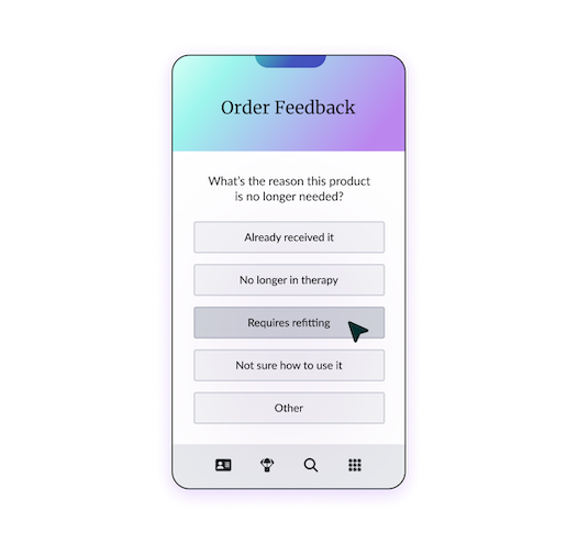 Smartphone screen displaying an order feedback form with multiple choice options.