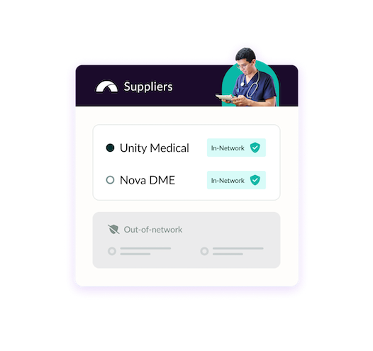 Medical suppliers list with in-network status for Unity Medical and Nova DME.
