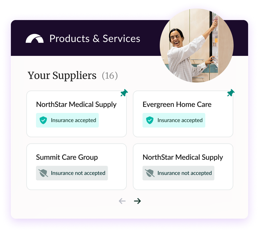 Supplier list showing insurance acceptance with a professional smiling in the background