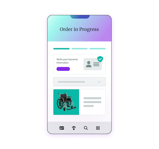 Mobile app screen displaying order progress for a wheelchair purchase
