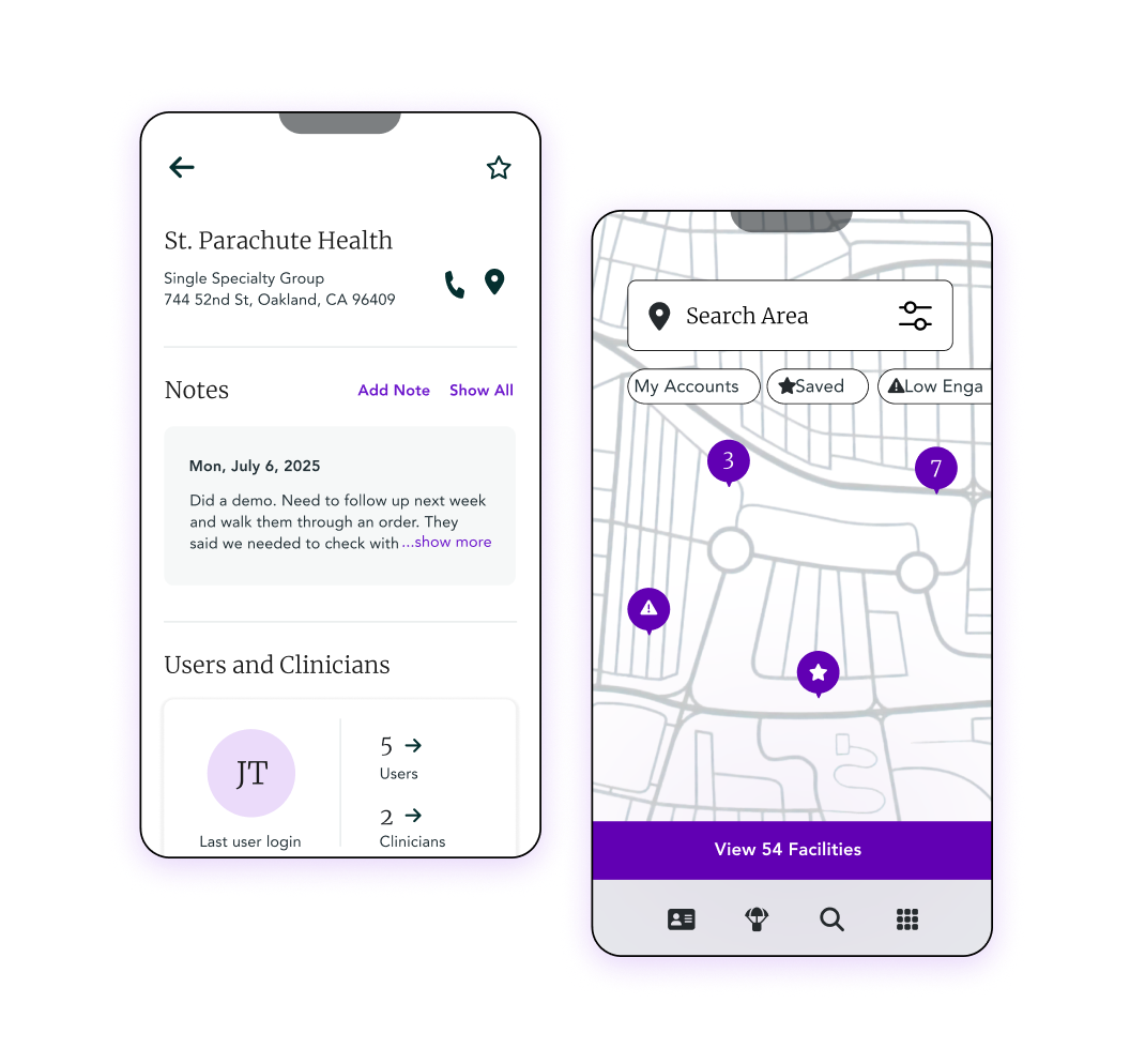 Mobile app interface showing St. Parachute Health details and map view with facility locations
